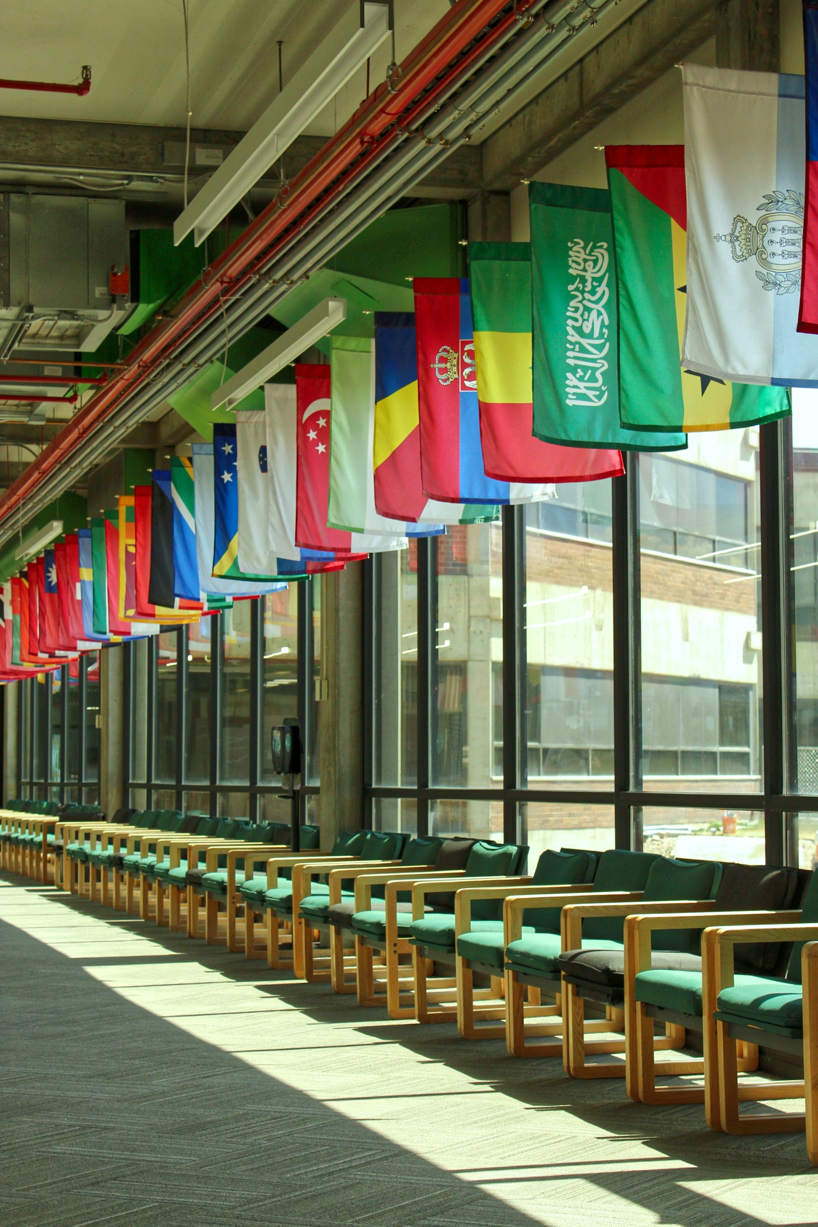 A sunlit international school corridor